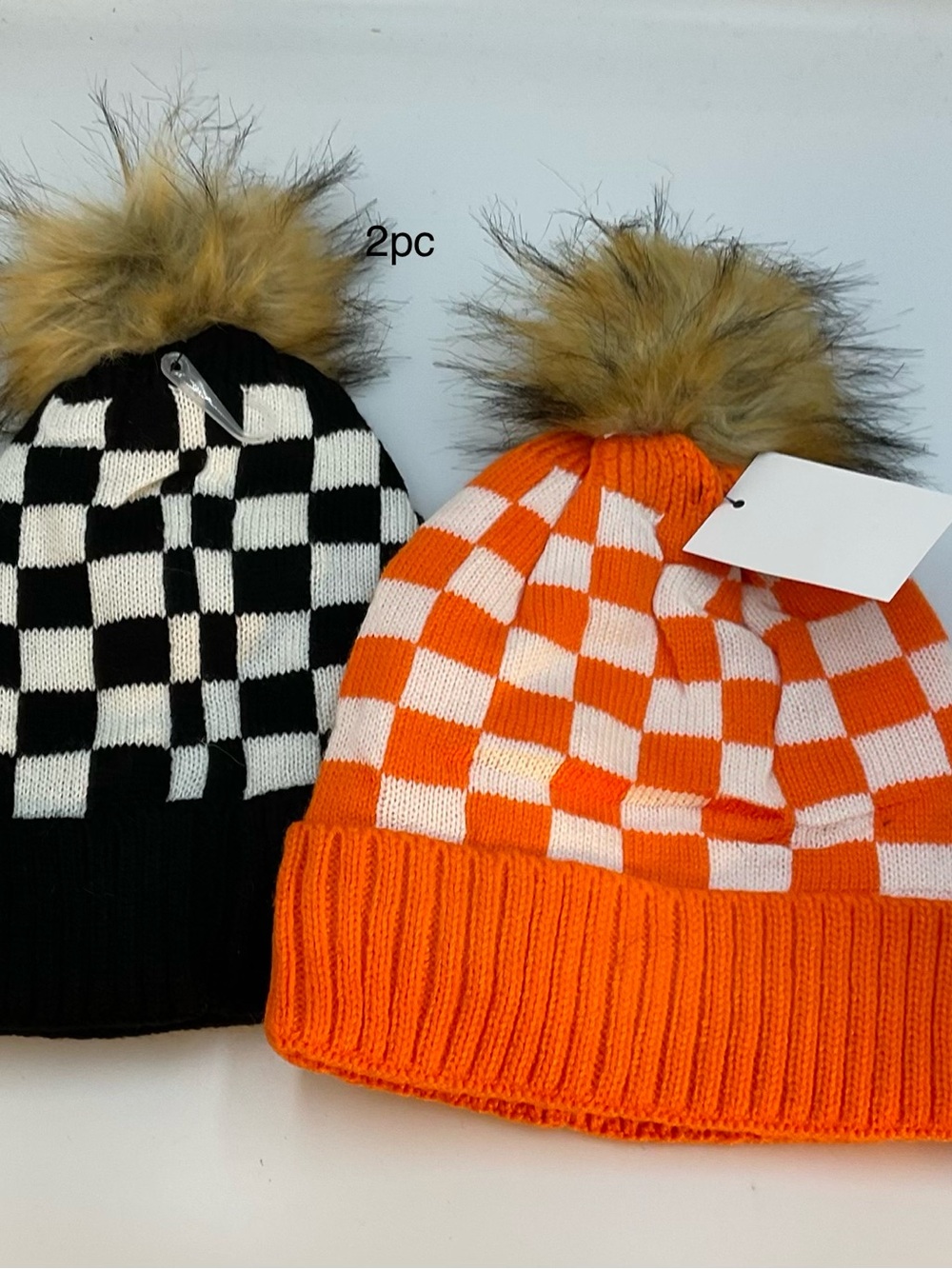 Checker Pom Knit Beanie - Orange/White